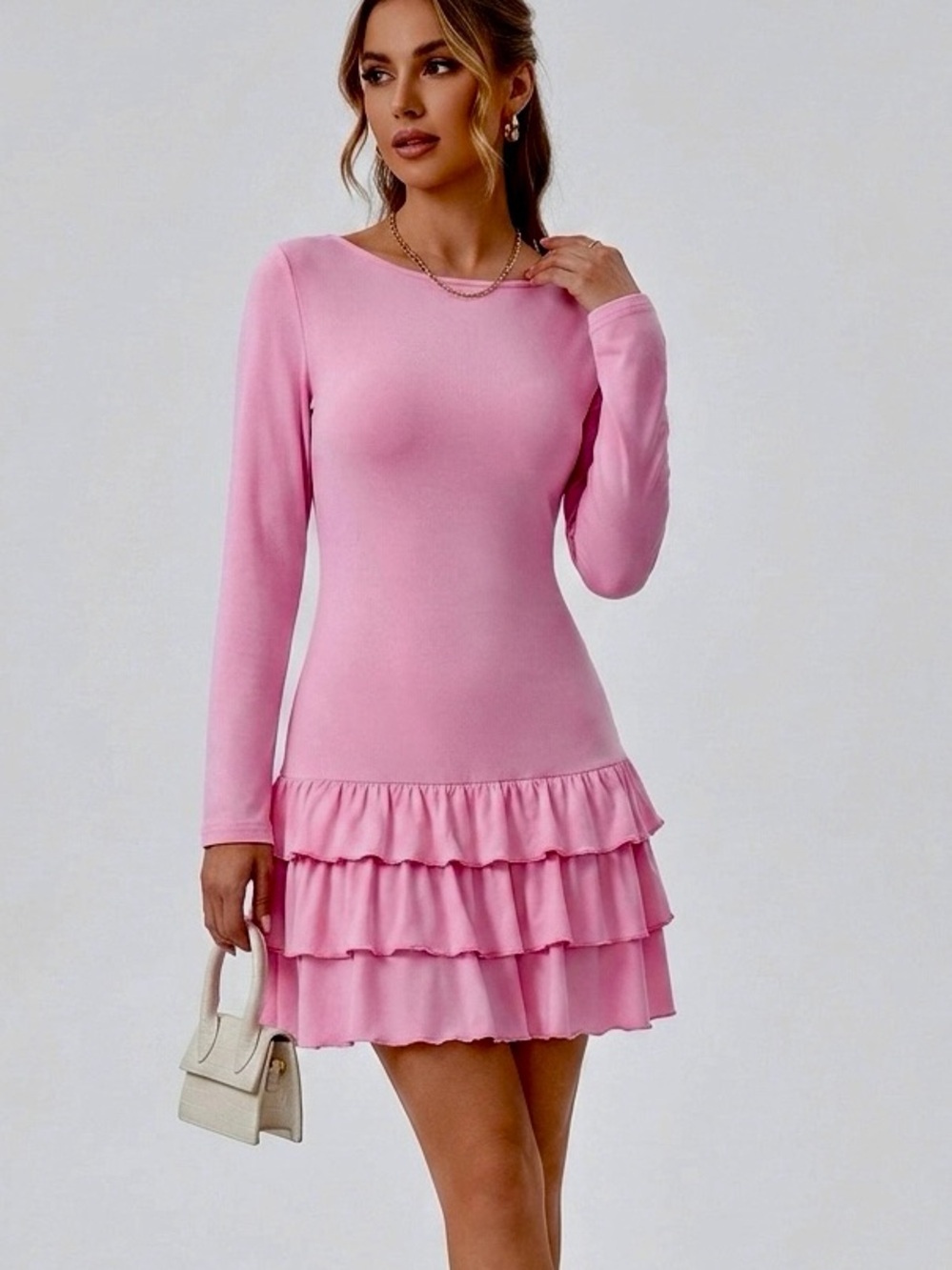 Pink Long-Sleeve Ruffle Hem Prom party Dress casual trendy chic going out dress